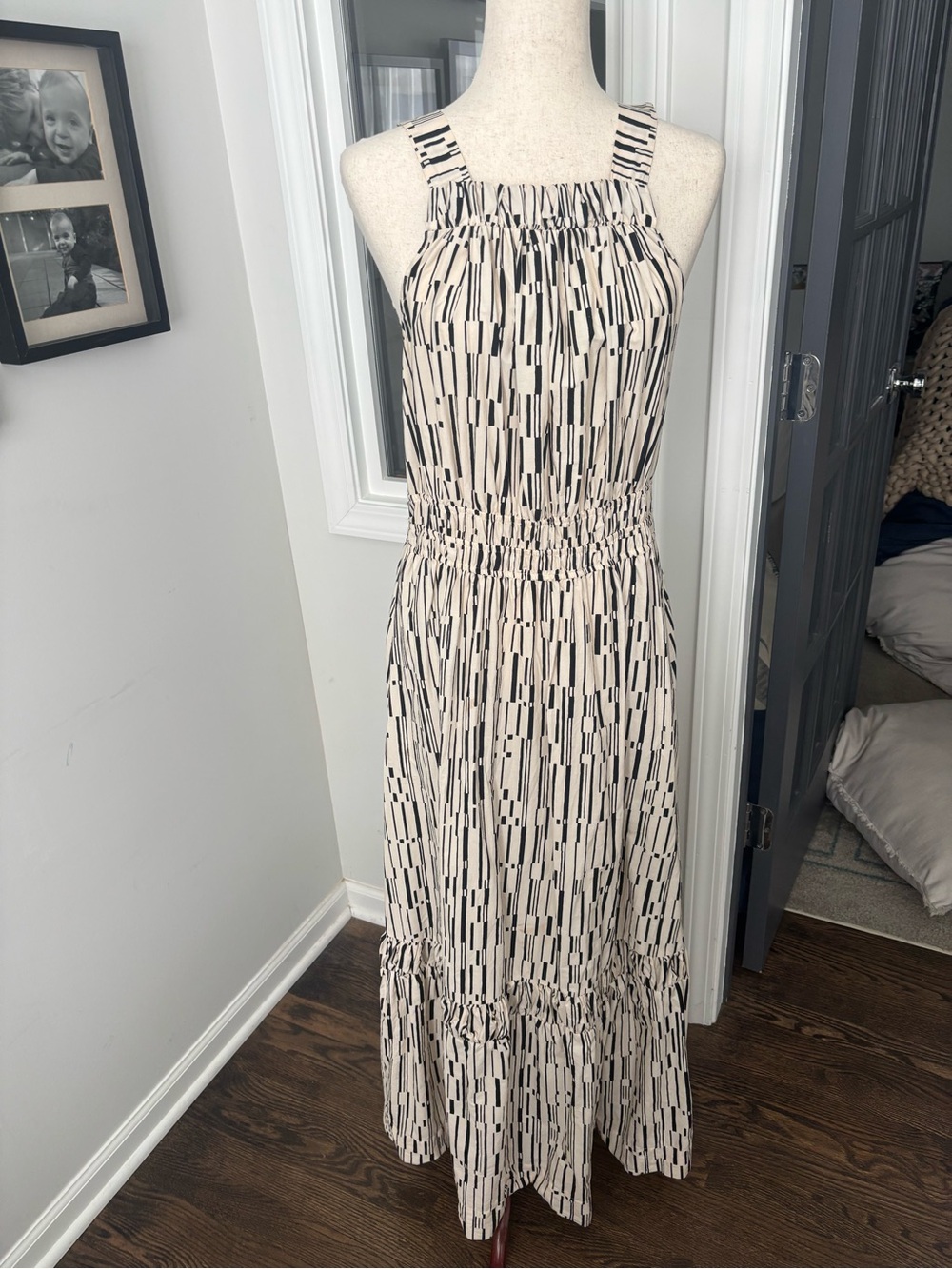 By Anthropologie Somerset Sleeveless Beige Maxi Dress with Black Geometric Print